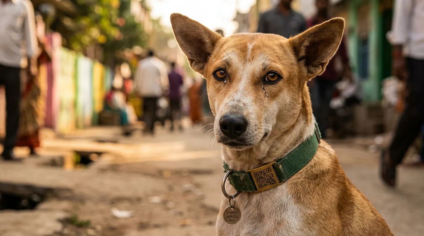 A dog wearing a collar with a printed round tag, sitting outdoors in daylight