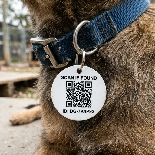 A round metal collar tag hanging from a blue nylon collar, printed with the words Scan if found above a QR code and an ID number